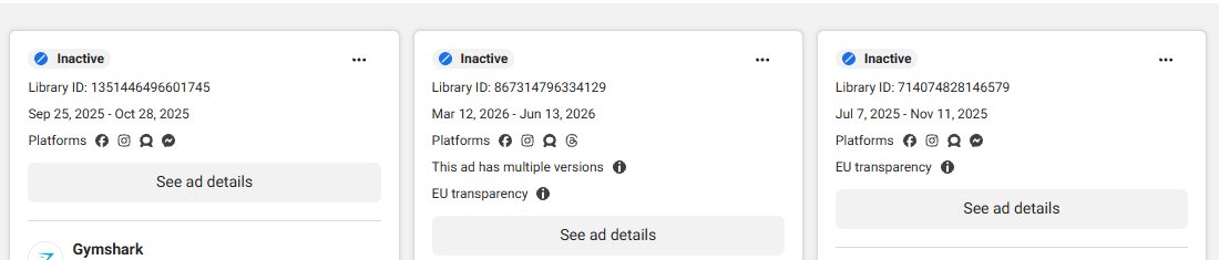 Meta Ad Library cards for inactive ads with their run dates
